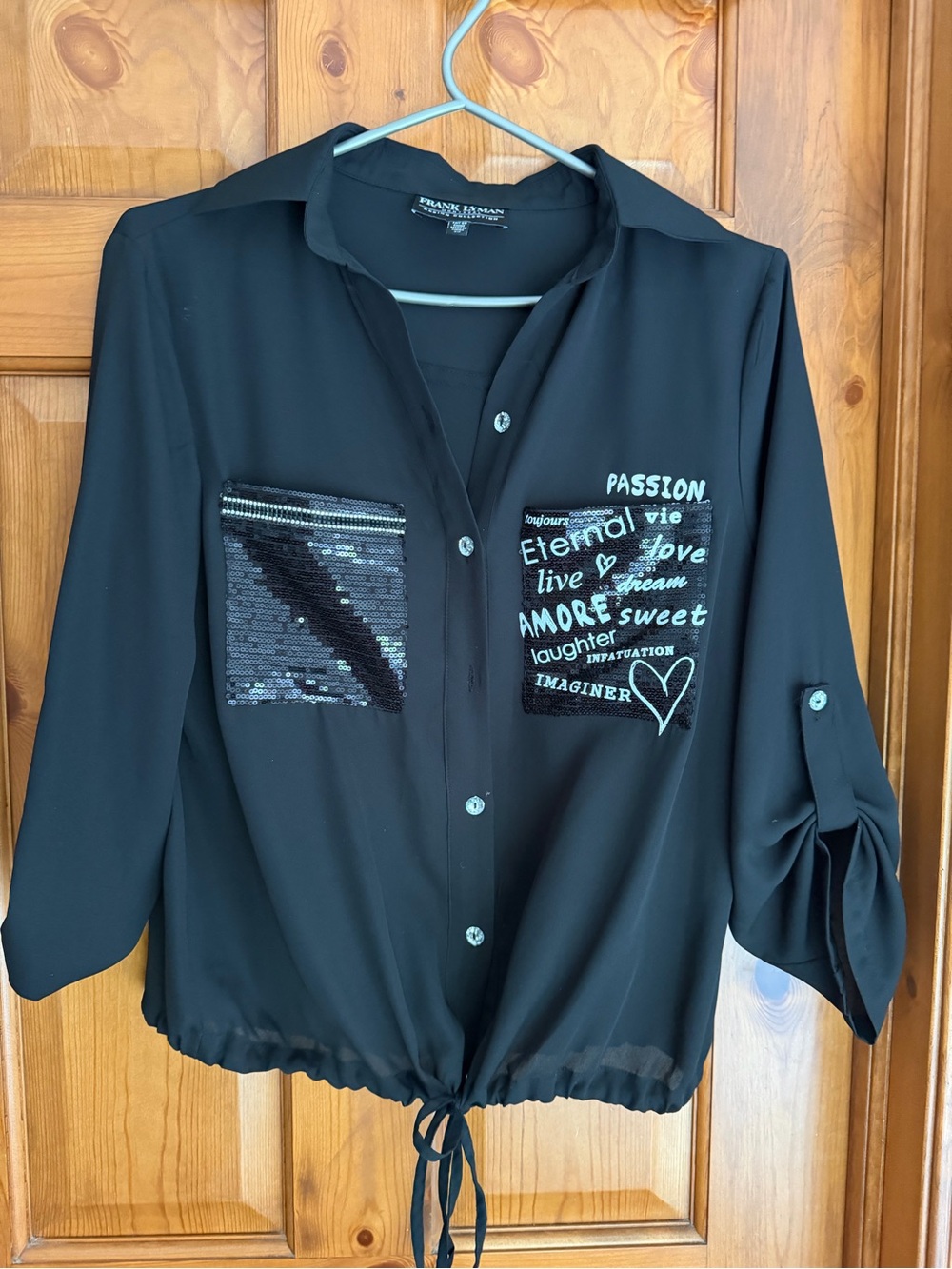Black Embellished Button-Front Women’s Blouse